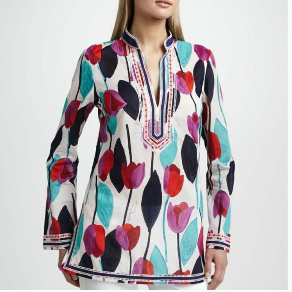 Tory Burch Lightweight Cotton Embroidered Tunic Top 0 Colorful Tulip Floral Logo